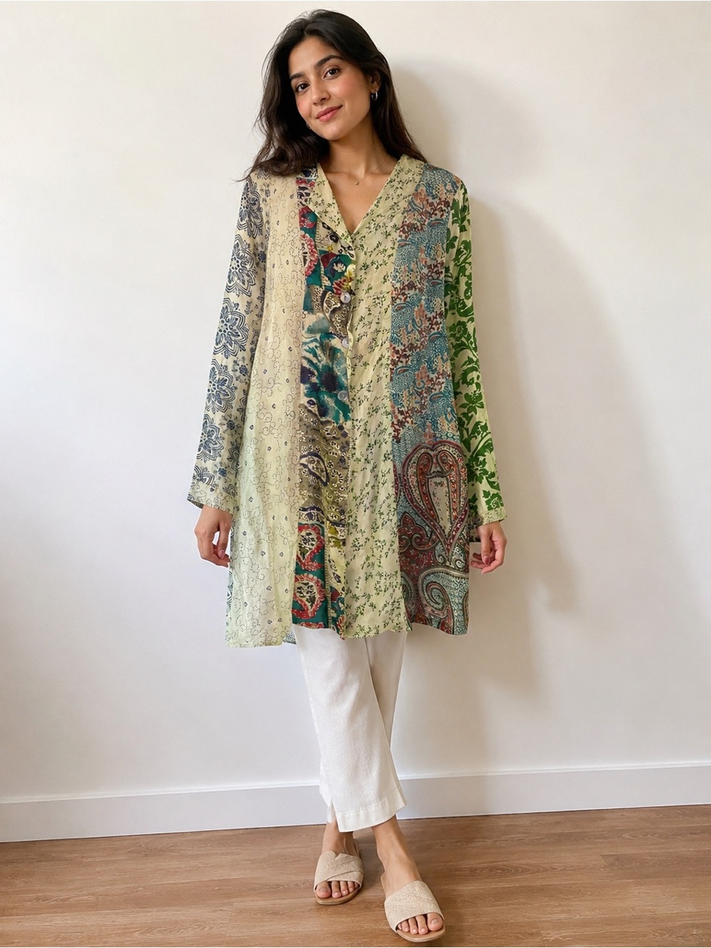 Chan Luu Green Multi Patchwork V-Neck Tunic